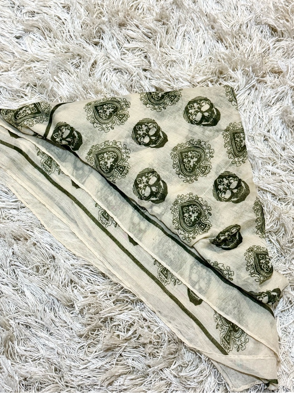 Paisley & Skull Print Lightweight Scarf | Cream & Olive Green | Boho Wrap - Picture 6 of 8